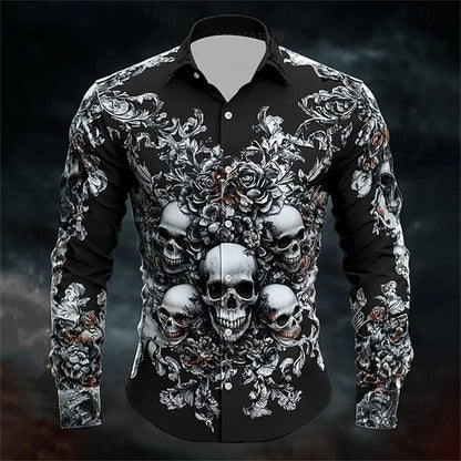 Men's Skull Day of the Dead Rose Shirt Casual Formal Button Shirt Long Sleeve Dark Punk Gothic Style Holiday Lapel Shirt White