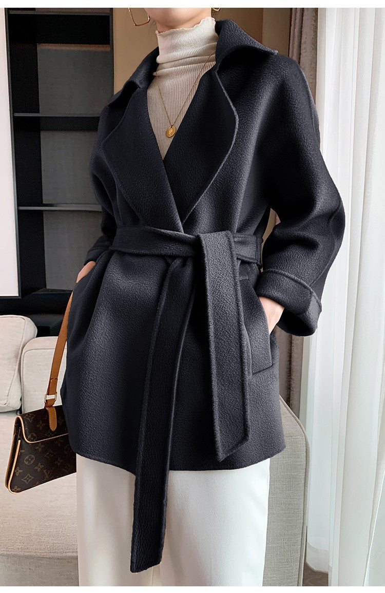 Autumn New Short Double-sided Cashmere Water Ripple Coat Women Turn-down Collar Loose Tempeament Warm Casual wool Jacket Female