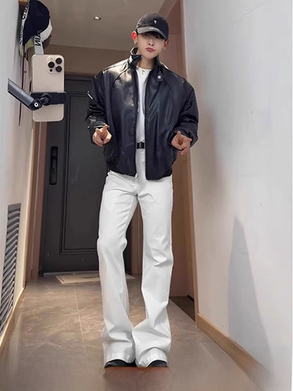 Calça Jeans Branca Casual de Perna Reta Masculina Slim Fit Algodão Poliéster Resistente ao Desgaste para Primavera Estilo High Street