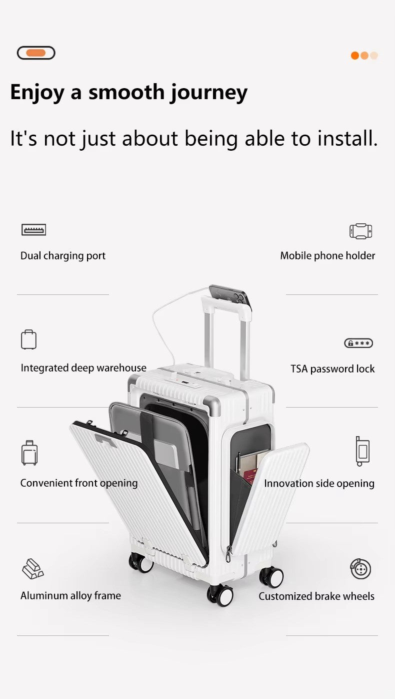 Tri-Zone Access Opening Suitcase Aluminum Frame PC Material Travel Case with Spinner Wheels Cup Holder TSA Lock Rolling Luggage