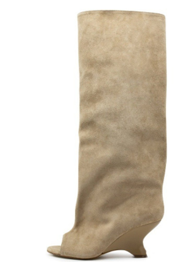 2025Spring and Autumn Fashion New Thick High Heels Women's Knee Length Wide Tube Version Fish Mouth Boots Middle Top Boots