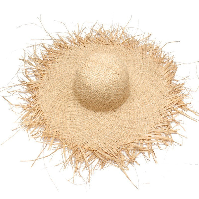 WZCX Feito à Mão Borla Feminina Chapéus de Sol de Palha Aba Larga Grande Chapéu de Palha Natural de Ráfia Panamá Praia Chapéus de Sol Para Feriado