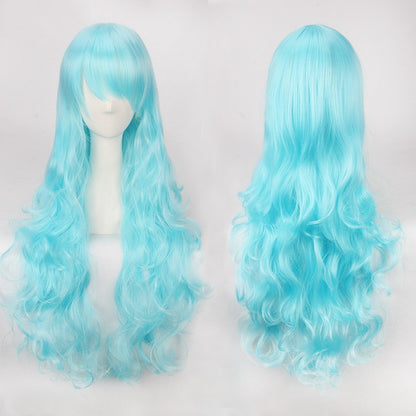 Peruca de anime colorida estilo cosplay europeu e americano, com rede de fivela para comércio exterior, universal, 80CM de comprimento, encaracolada de fibra sintética