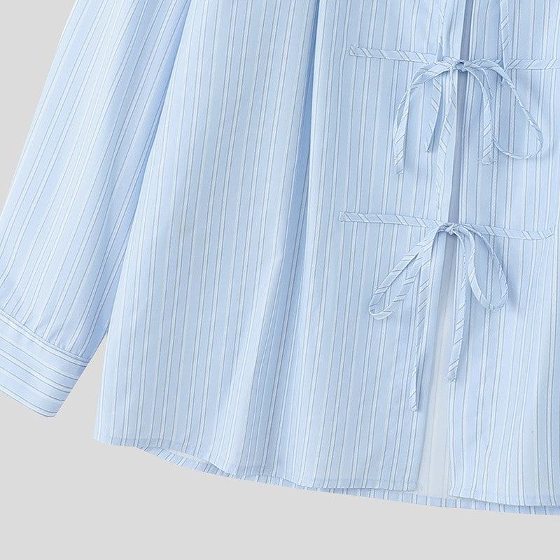 INCERUN Men Striped Shirt Lapel Long Sleeve Lace Up Hollow Out Men Clothing Oversize Korean Style Streetwear Casual Shirts Men