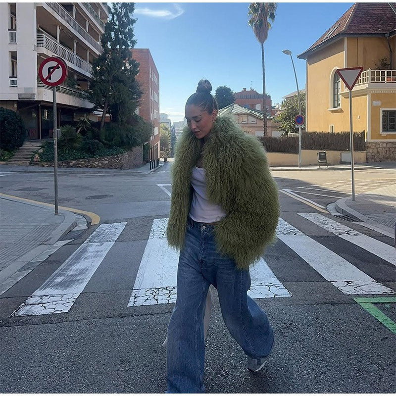 Fashion Solid Plush Faux Fur Coat Women Elegant Warm Long Sleeves Loose Jacket 2025 Lady Winter Chic High Street Outerwear ?