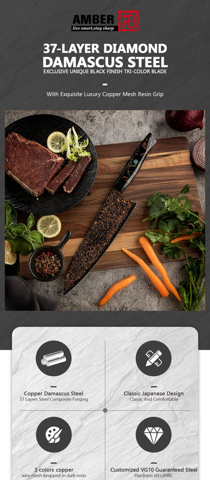 Conjunto de facas de aço Damasco japonês 37 camadas com cobre VG10, facas de cozinha, chef, bife, multiuso, frutas, para descascar, com cabo de resina de malha