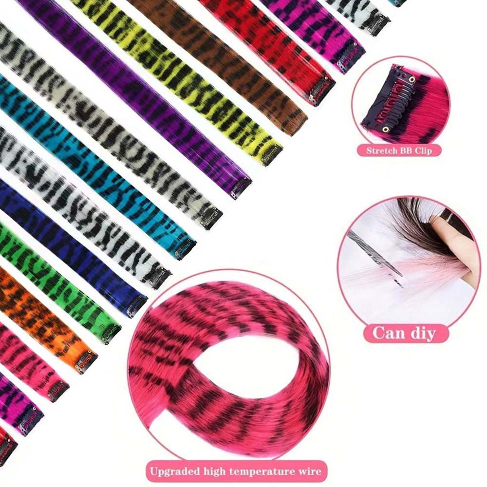 Extensões de Cabelo de Pena Coloridas 8 Peças 45cm Estampa de Listras de Animais Presilha de Cabelo Sintético Arco-Íris para Cosplay, Festas, Festivais