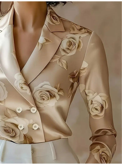 Fashion Flower Print Shirts For Women 2025 Autumn Winter Long Sleeve Turn-down Collar Loose Blouses Tops Elegant