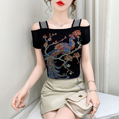 Summer New Fashion Cartoon T-shirt Chic Hollow Out Hot Diamonds Tees Sexy Off Shoulder Short Sleeve Women's Tops Blouse