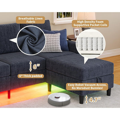 Smart Sectional Couches for Living Room, 4 Seat U/L Shaped Sectional Sofa with RGB Light/Charging, Modern Living Room Furniture