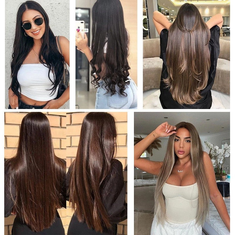 Alongamento de Cabelo Sintético Invisible Hair Extensions com 5 Clipes, 60cm, Liso, Resistente ao Calor, para Mulheres