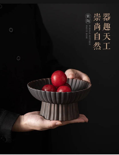 Qingxi Purple Pottery Tea Pastry Plate Handmade High Foot Dried Fruit Snack Large Integrated Drain Dessert Candy Dish Gift