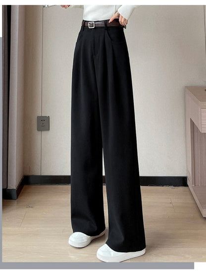 High Quality Woolen Wide Leg Pants Women Streetwear Belt Baggy Black Suit Pants Winter Korean Fashion Casual Straight Trousers