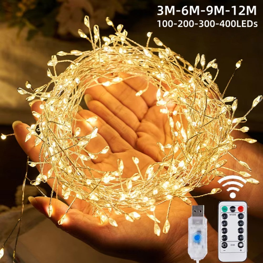 1PC 3/6/9/12M USB Power LED Firecracker String Fairy Lights Remote Control 8 Modes for Wedding Party Garden Bedroom Christmas