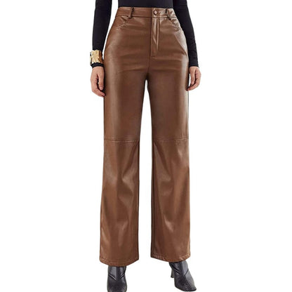 Leather Pants For Women High Waist Straight Slimming Side Pockets Solid Color Casual Party Spring Fall Trousers