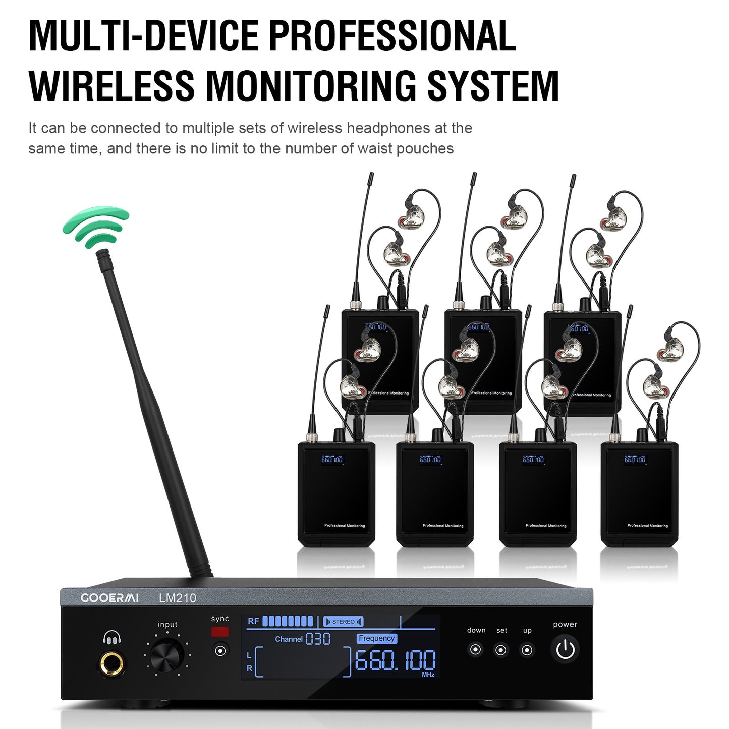 Sistema Sem Fio de Monitoramento Intra-Auricular UHF Gooermi LM210 Canal Estéreo Com Múltiplos Transmissores Para Pequenos Concertos e Home Theater
