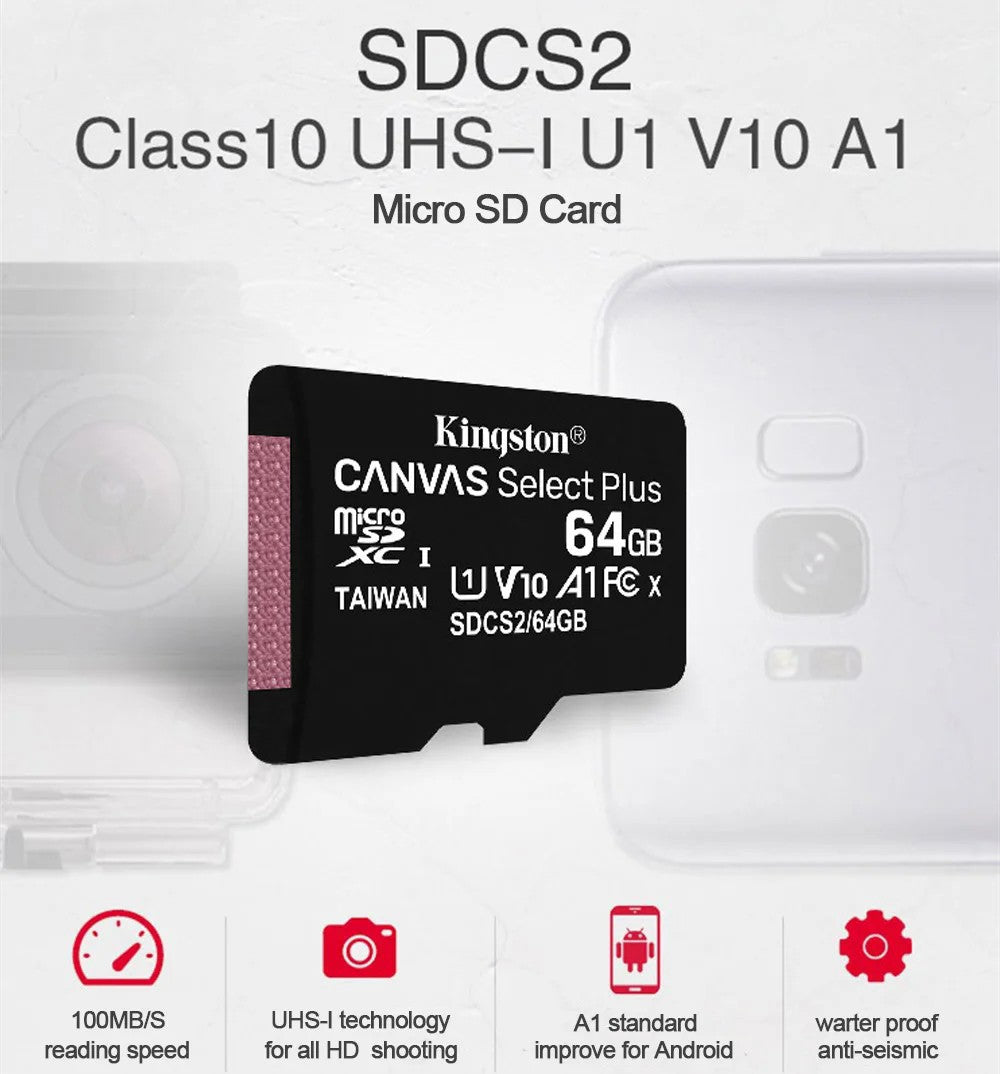 Cartão de Memória Kingston Até 200MB/S Micro SD TF 64GB 256GB 128GB 512GB 1TB Velocidade de Leitura Classe 10 U1 V30 A1 Flash para Eletrônicos