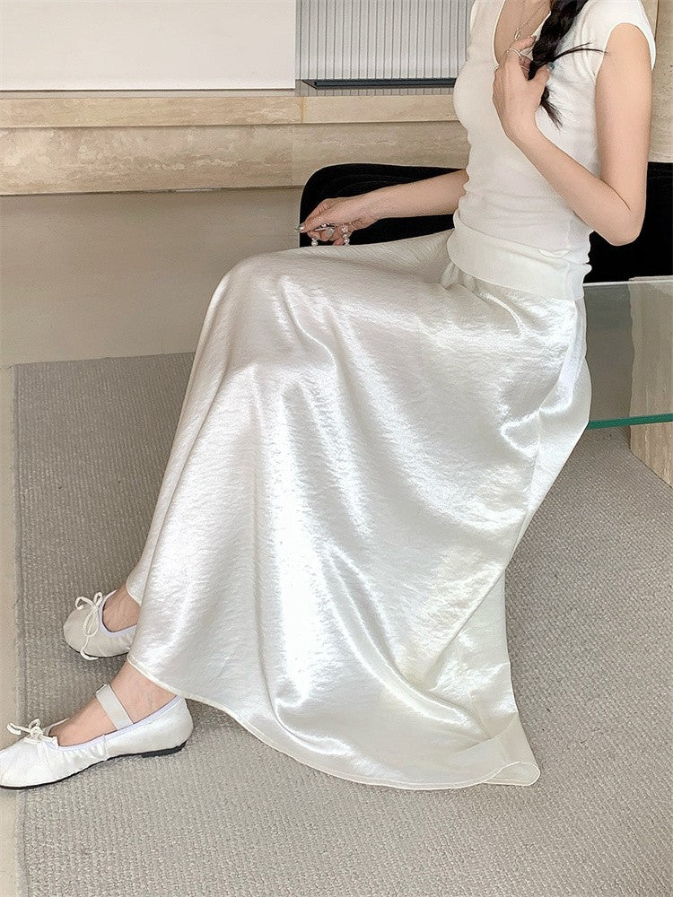 Plus Size Satin Half-Body Skirt Female 2026 Spring New Korean Fashion Temperament Elegant Solid Casual A-line Skirts