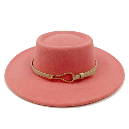 Acessórios femininos de fivela de couro metal com chapéu de feltro de pele com top côncavo e convexo, chapéu fedora e conjunto de bolsa combinando, estilo retrô