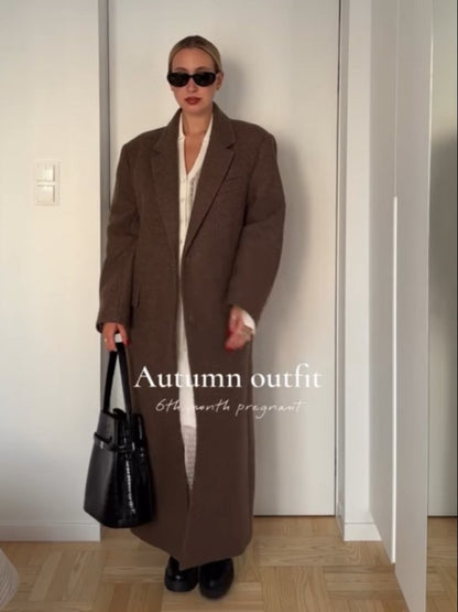 Women Shoulder Pad Wool Long Coats Fashion Lapel Single-breasted Long Sleeve Coat Chic 2025 Autumn Lady Commute Street Outerwear