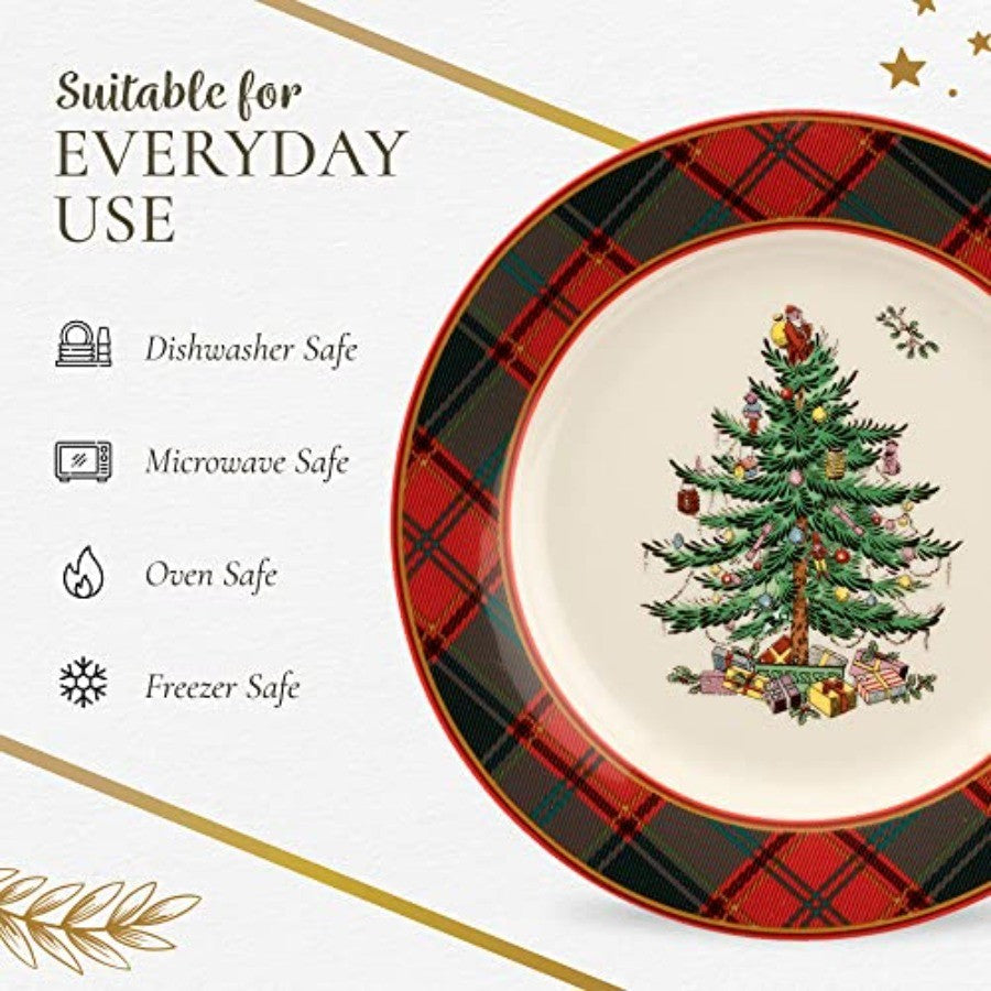 Christmas Tree 16-Piece Tartan Dinnerware Set (Service for 4) - Festive Holiday Tableware Collection with Plates, Bowls, Mugs -