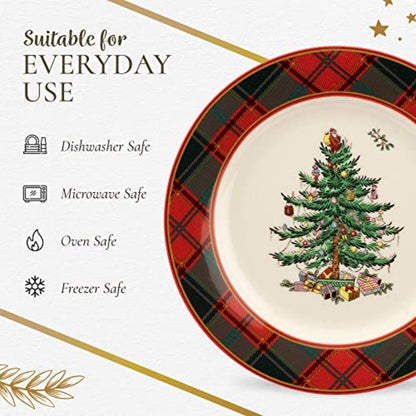 Christmas Tree 16-Piece Tartan Dinnerware Set (Service for 4) - Festive Holiday Tableware Collection with Plates, Bowls, Mugs -