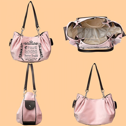 Letter Print Faux Suede Women Handbag Shoulder Bag, Retro Large Capacity Tote Bag for Daily Commuting and Hand-Carry.Pumpkin Bag