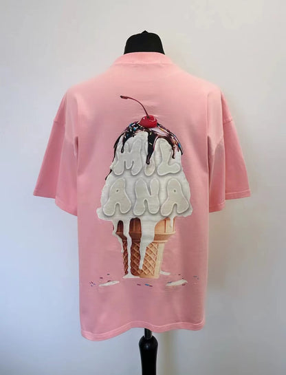 2025 summer new Harajuku street style ice cream print short sleeve cotton T-shirt men Y2k top Gothic style loose couple shirt