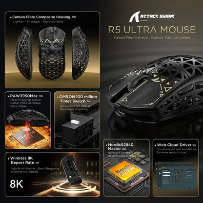 ATTACK SHARK R5 Ultra Wireless Gaming Mouse 39g Lightweight Carbon Fiber 8K Polling PAW3950MAX 42000 DPI Tri-Mode Esports Mouse