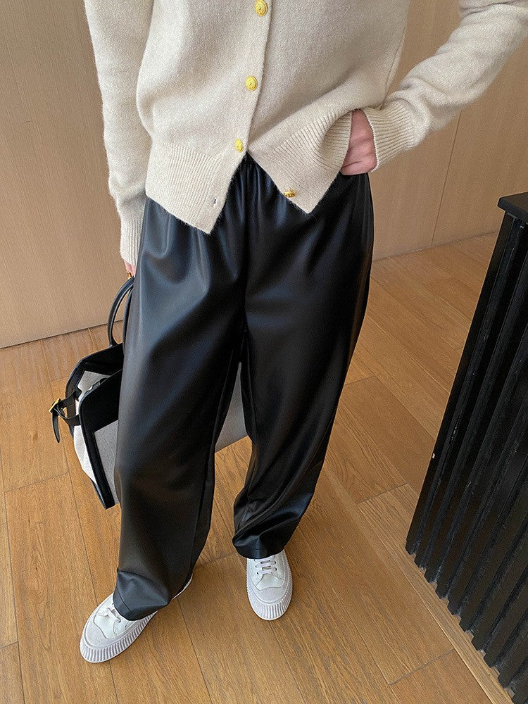 High Elastic Waist Coffee Pu Leather Long Wide Leg Pants New Trousers Women Fashion Tide Spring Autumn