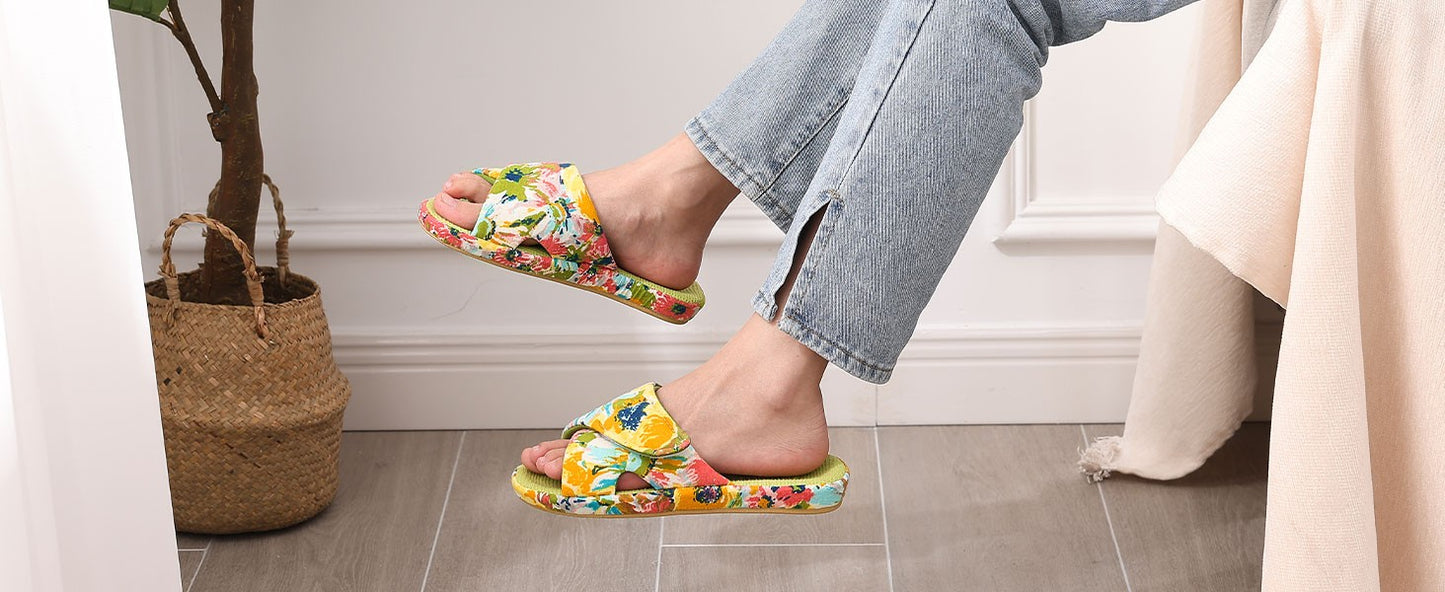 Comwarm Waffle Indoor Cotton Slippers For Women Open Toe Anti-Slip Home Slippers Four Seasons Flats Slippers with Arch Support