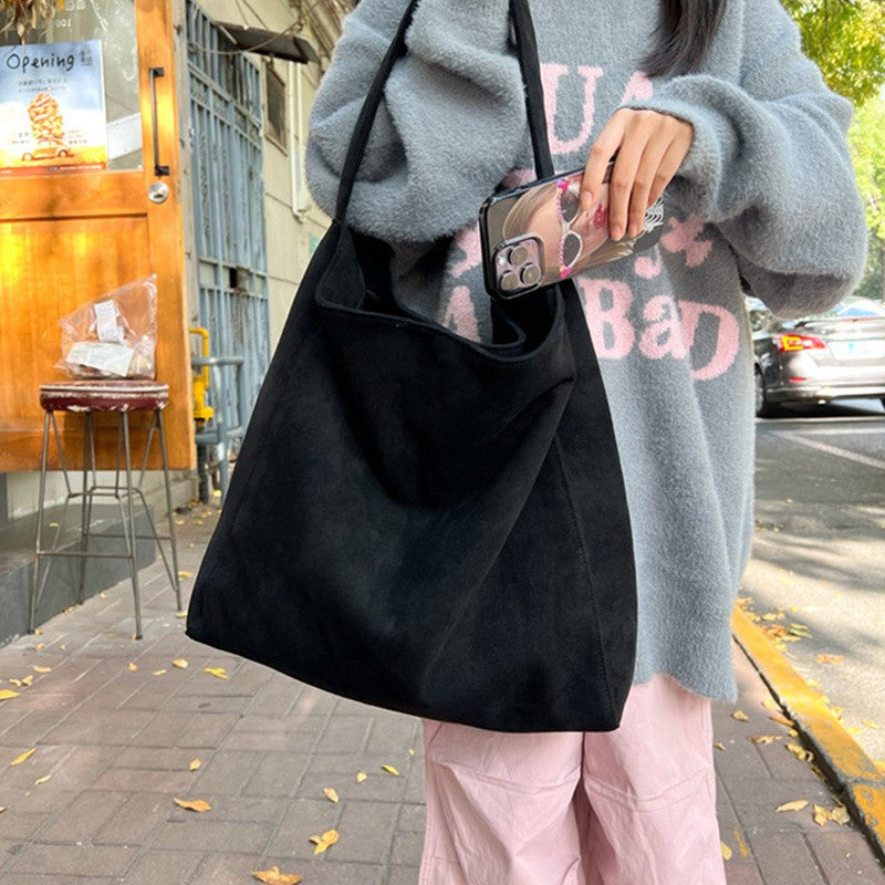 Retro Suede Frosted Tote Bag Winter Simple Design Versatile Work Commuting Shoulder Bag Women's Large Capactiy Handbags