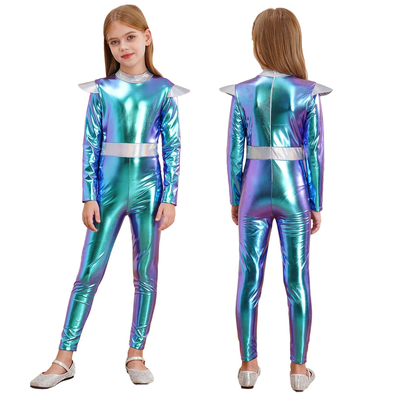 Kids Alien Cosplay Costume Outfits Boys Girls Metallic Shiny Alien Jumpsuit Halloween Full Length Bodysuit with Hair Hoop Suit