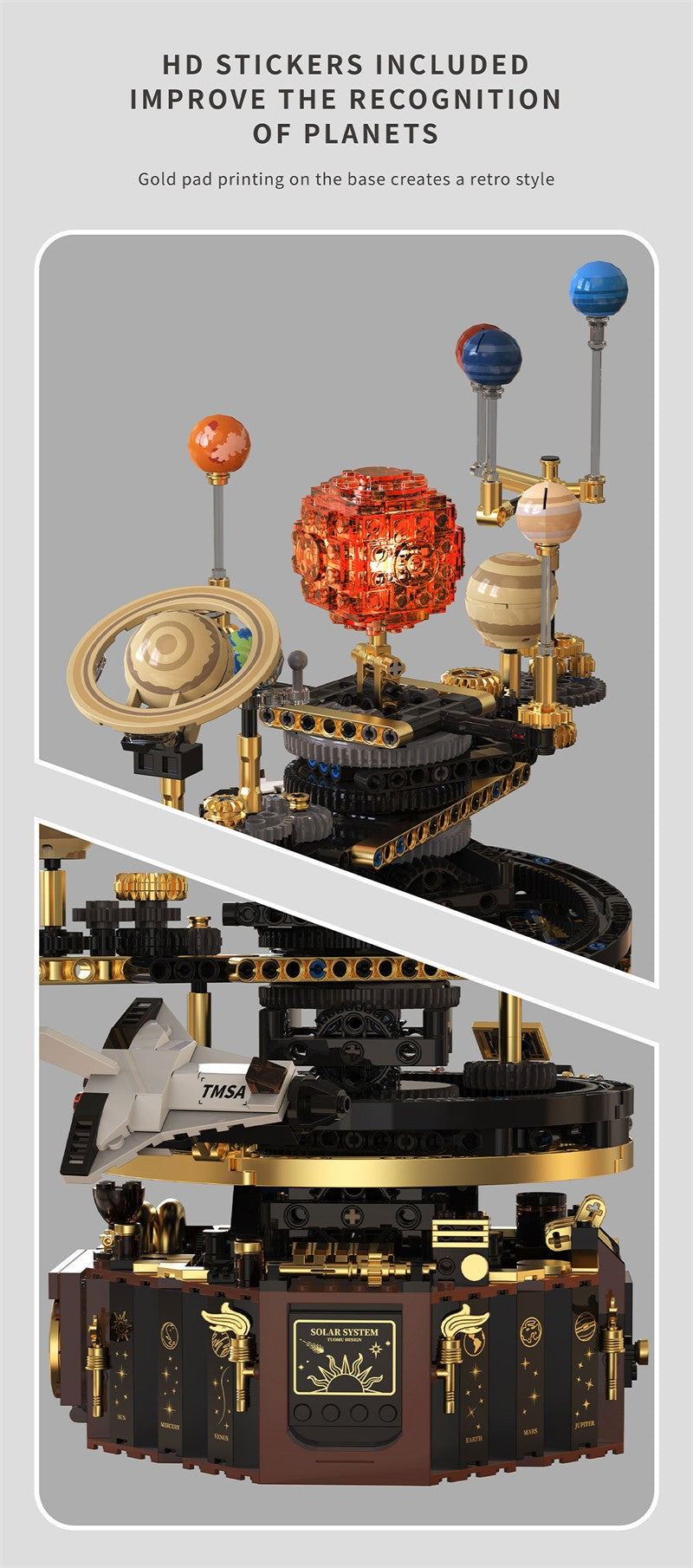 Modelo de sistema solar elétrico Blocos de montar Exploração espacial Equipamento de aprendizado Brinquedo montável rotativo presente para criança estudante