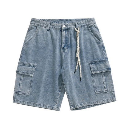 Denim shorts men's 2025 summer new light colored personalized hanging rope loose casual denim five quarter pants men's pants