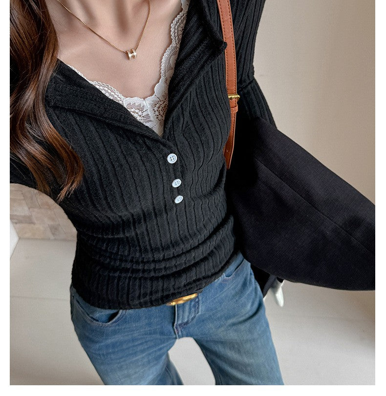 Lace Slim-fitting Bottoming Shirt Fake Two Piece Long Sleeve T-Shirt Women Chic Button Pit Striped Tops Autumn Winter Base Tees