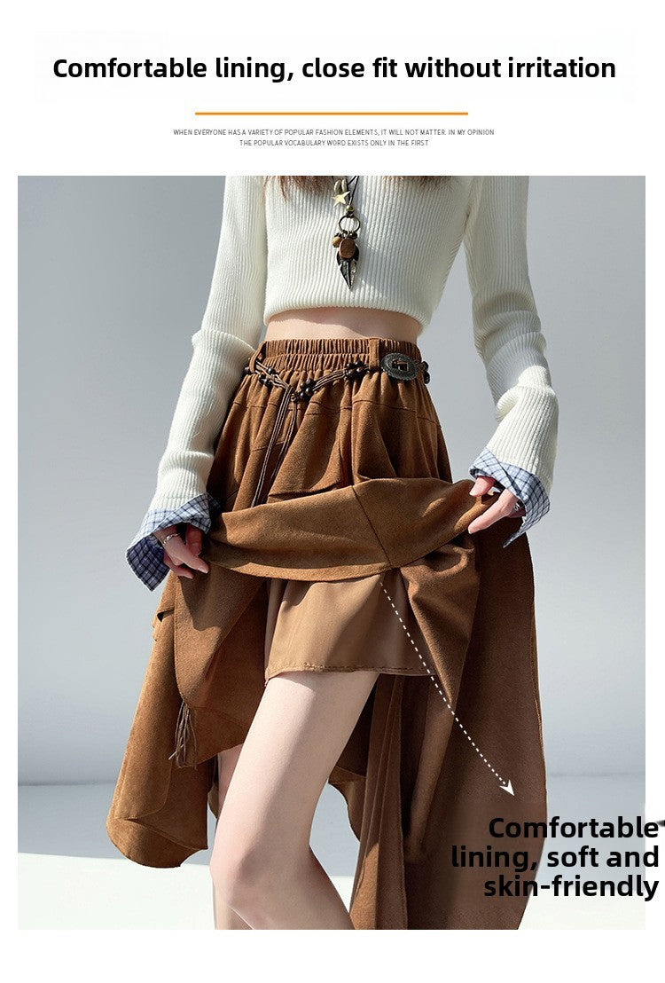 Caramel Suede Half-length Skirt Women's Autumn Winter New Irregular Belt Slim A- Line Midi Umbrella Skirt Comfortable Casual S .