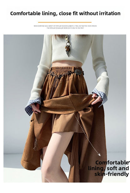 Caramel Suede Half-length Skirt Women's Autumn Winter New Irregular Belt Slim A- Line Midi Umbrella Skirt Comfortable Casual S .