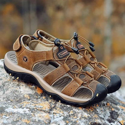 Big Size Men's Sandals Summer Anti-collision Outdoor Walking Treking Casual Shoes Leather Hiking Men Slippers Beach Wading Shoes