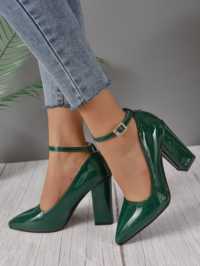 Apricot Red 10cm Super High Heel Ankle Strap Pumps Women Shoes Pointed Toe Fashion Crystals Buckle Patent Leather Plus Size 50