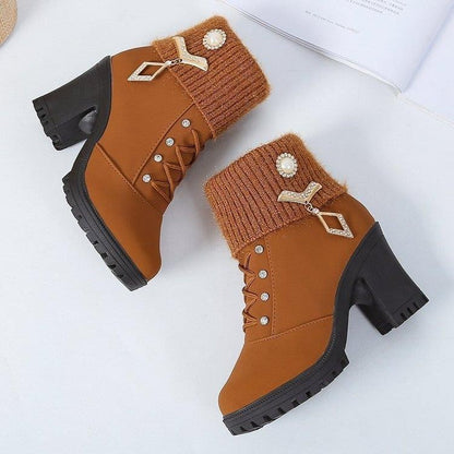 Women's Designer High Heels Shoes 2023 Winter New Warm Non-slip Block Cow Suede Warm Snow Boots Fashion Crystal Plush Goth Botas