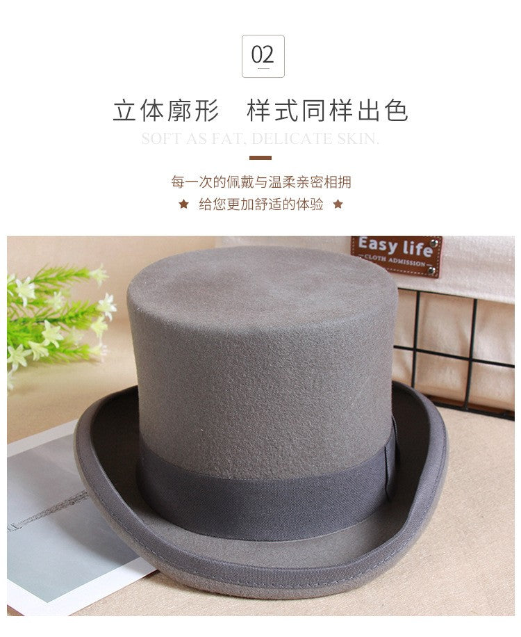 2024 Wool Flat Man Top Hat Fashion Fedora Hats Versatile Panama Magician Cap Gentleman Cylinder Strap Steampunk Unisex Elegant