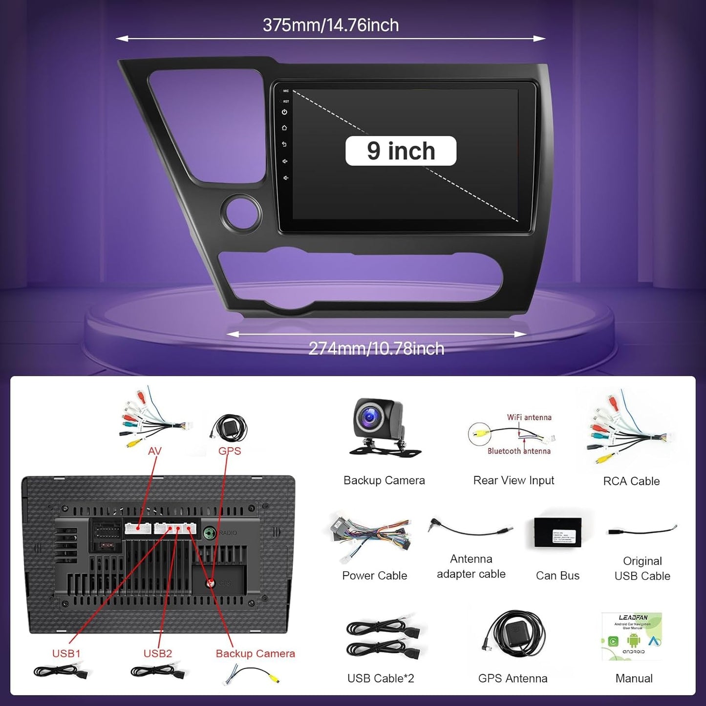Tela sensível ao toque de 9'' para Honda Civic 2013-2017 Estéreo Android Rádio WiFi GPS Navegação Câmera Traseira FM Player Multimídia Unidade Principal