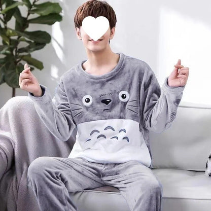 Thickened Flannel Sleepwear Set for Men Winter Home Clothes Coral Fleece Lined Autumn Winter Style Overhead Mens Nightgown