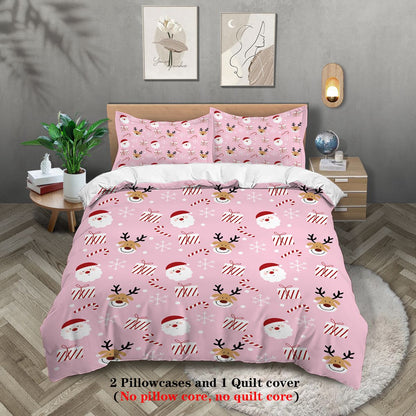 3-piece Christmas themed pink Santa Claus print (1 duvet cover+2 pillowcases, no core) soft and comfortable bedding set