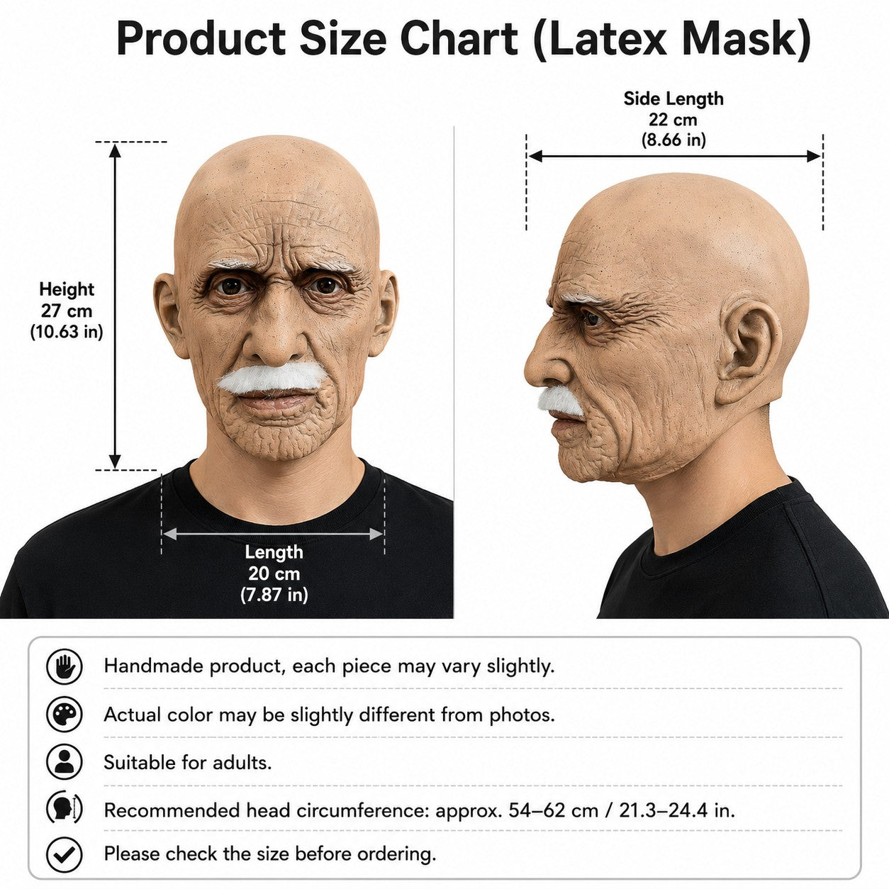 Realistic Full Head Latex Mask with Beard for Men Halloween Costume Party Prop Old Man Cosplay Headgear