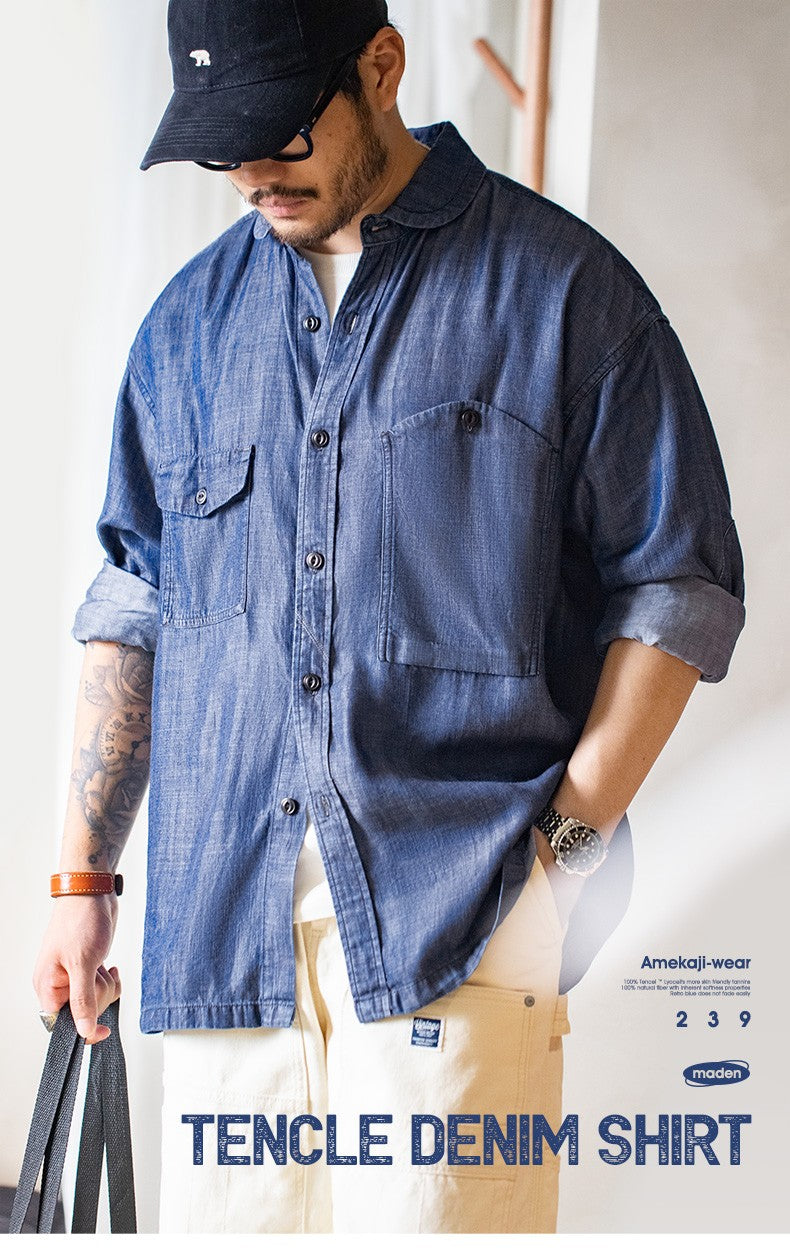 Maden 2023 Autumn Men's Vintage Tencel Denim Shirts Amekaji Lycra Long Sleeve CPO Shirt Jacket Uncle Fu Brand Luxury Jean Blouse