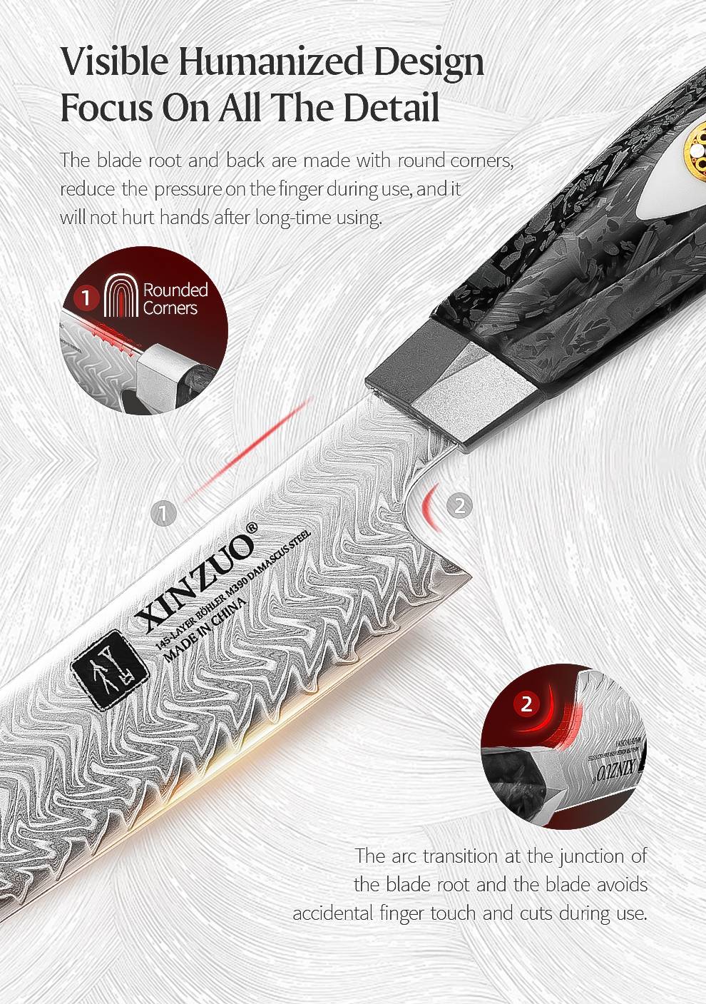 XINZUO 8.46-inch Damascus Carving Knife 145-layer M390 steel 60-62HRC carbon fiber handle 6.0-8.0N sharpness rust-resistant