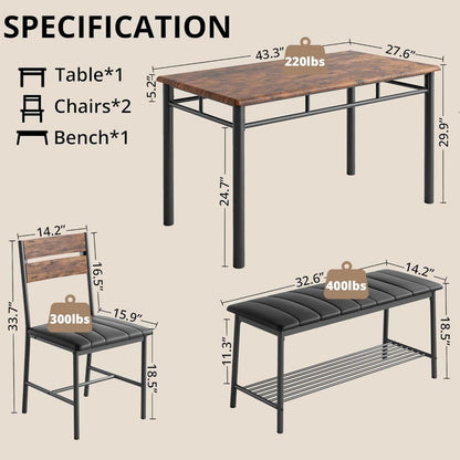 4-Piece Dining Set with Upholstered Bench and Chairs, Compact Kitchen Table for Small Spaces