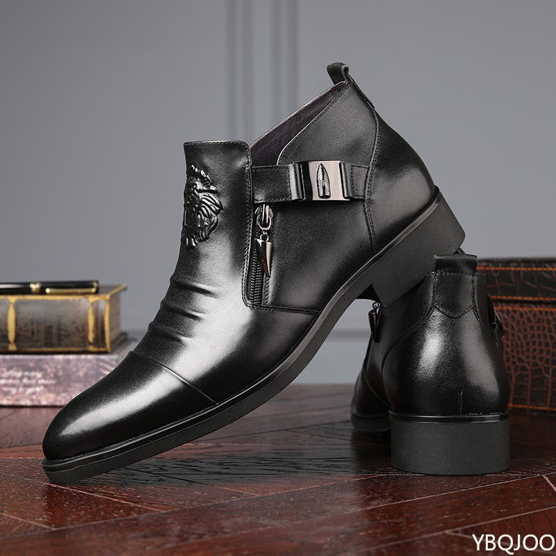 Botas Masculinas de Inverno Elegantes Cano Curto Antiderrapantes Couro Sapatos Britânicos Zíper Botas Cavaleiro Preto Bico Fino Plataforma Punk Botas Masculinas Botas